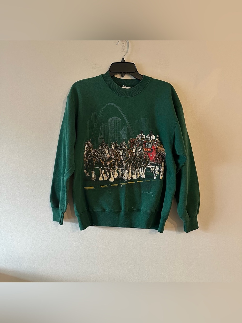 Vintage 90s St Louis Missouri Green Graphic Crewneck Sweatshirt USA L Clydesdale